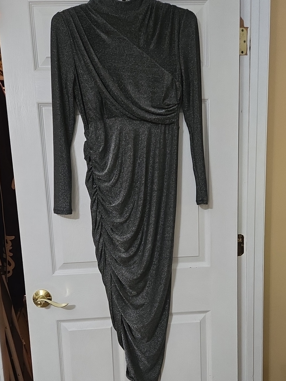 Gibson Latimer Shimmery Charcoal Ruched Long Sleeve Sheath Dress